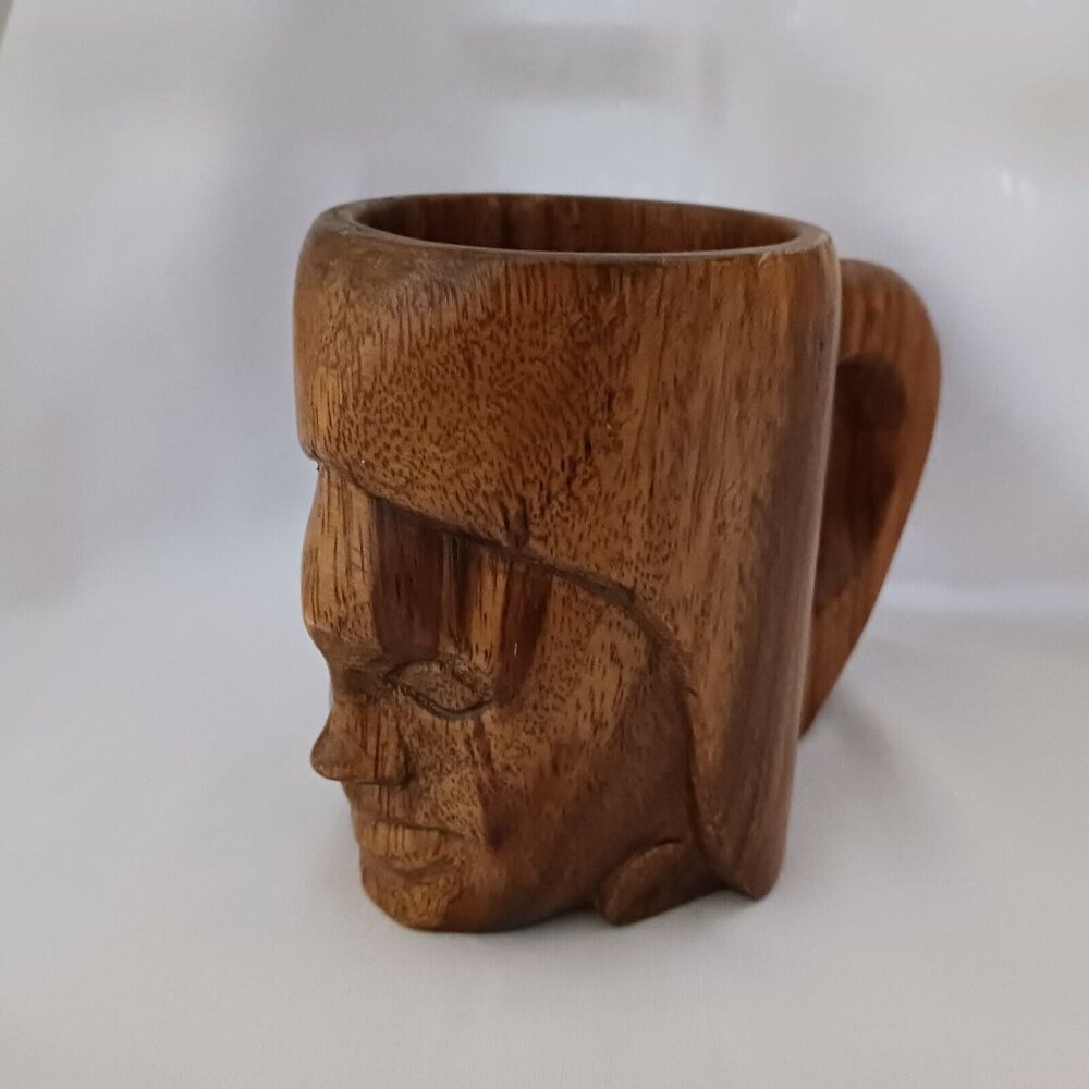 Vintage Wood Wooden Tiki Face Head Figural Mug Cup Hand Carved Handle 5"